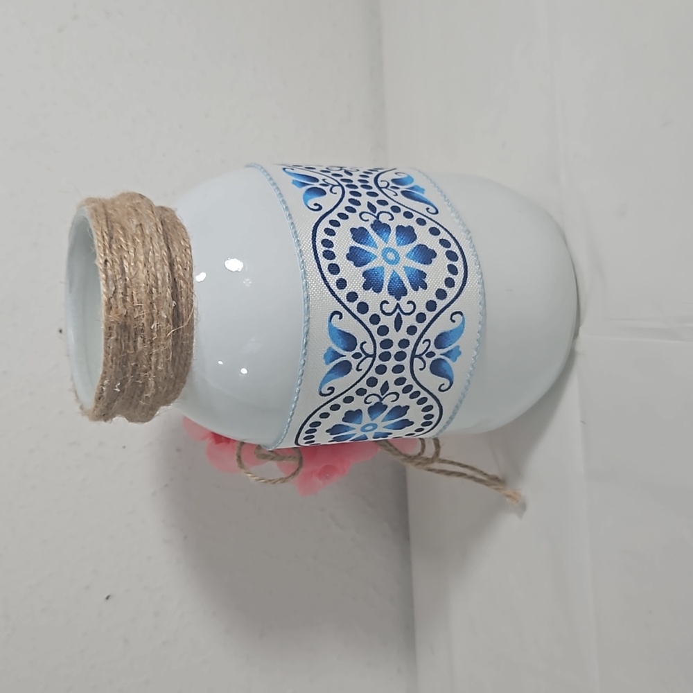 handmade white mason jar with floral blue ribbon and pink flower cross - Picture 3 of 6